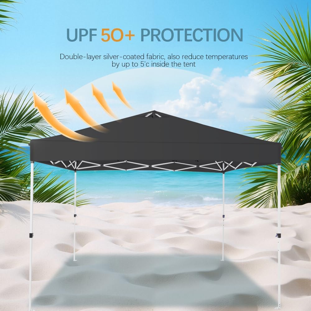 10x10 Pop Up Canopy Tent – One-Person Setup, Waterproof & UV-Blocking, Heavy-Duty Steel Frame, Wheeled Bag & Sandbags – Outdoor Shade for Beach, Camping, Backyard, Tailgate, Events (Black)