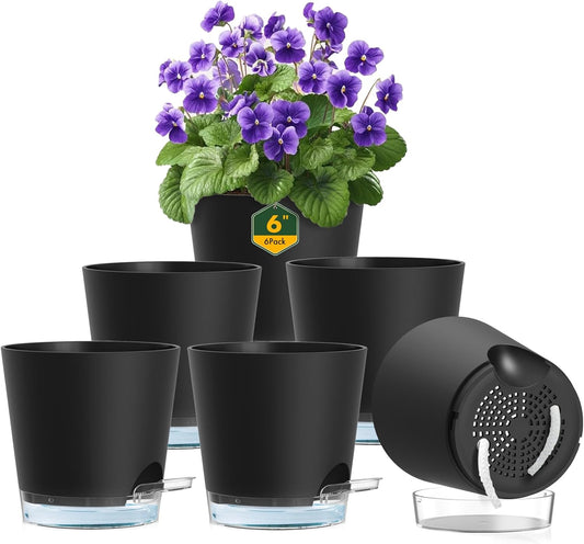6 inch Self Watering Pots for Indoor Outdoor Plants, 6 Pack Flower Plant Pots with Drainage Holes and Clear Reservoirs, Visible Water Level, Plastic Planters with Wicking Rope, Black