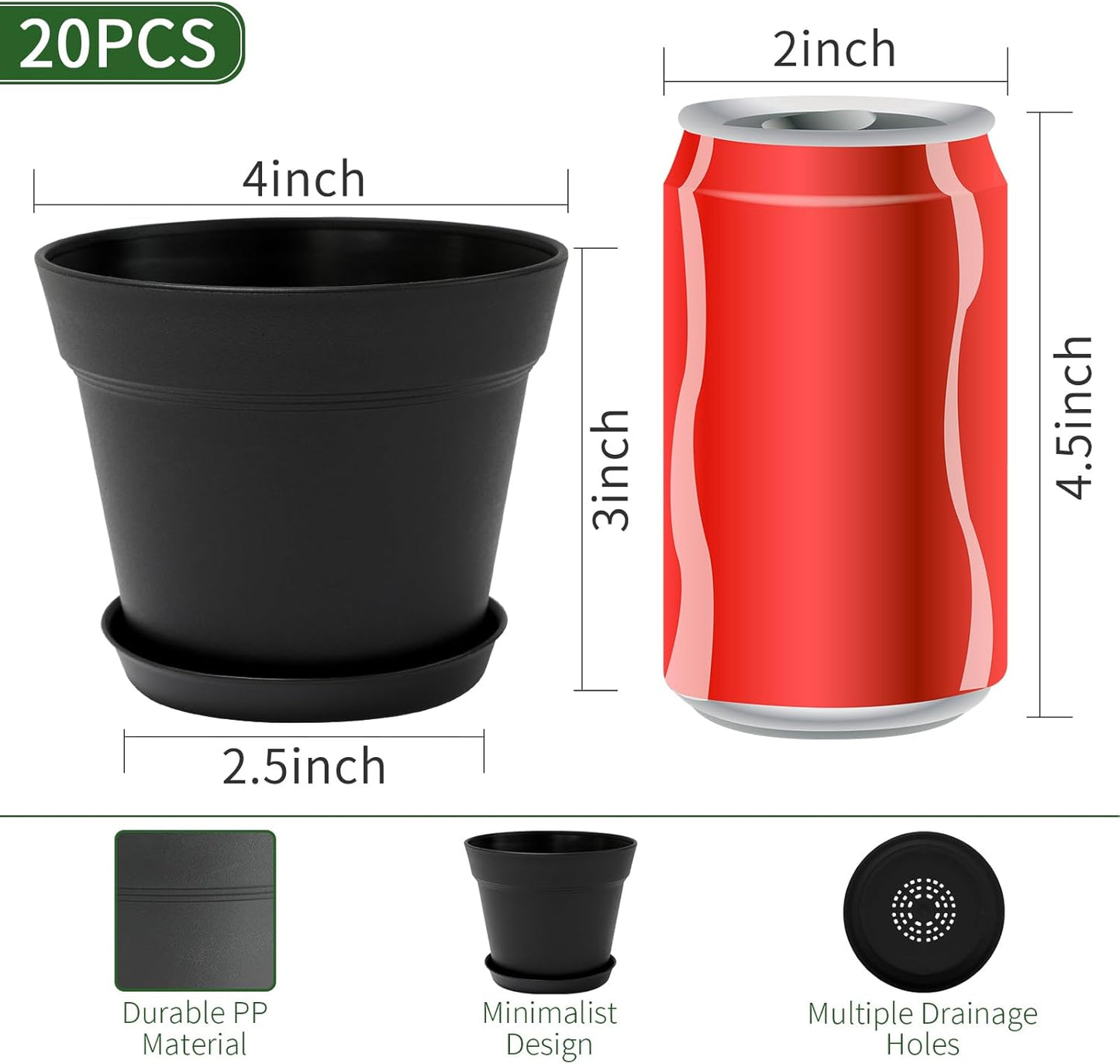 GARDIFE 20 Pack 4 inch Plant pots, planters for Indoor Plants, Flower pots, Black