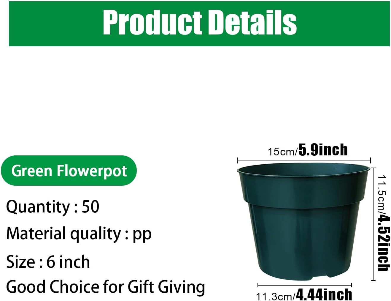 50 Pack 6 Inch Nursery Pots, Planting Grow Plastic Flower Pots, Thick Planters with Drainage Holes for Outdoor/Indoor Plants Succulent Herb (Green)
