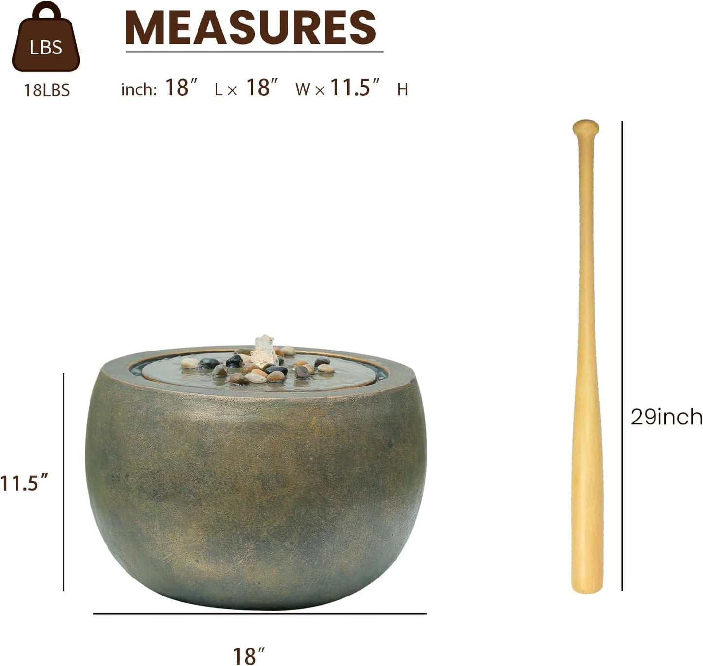 Garden Water Fountain Outdoor Bubbler Water Feature Indoor with Lights & Pump and Pebbles Waterfall Fountains Concrete Effect for Patio Deck Yard Home Decor Gold, 18 "L x 18" W x 11.5" H