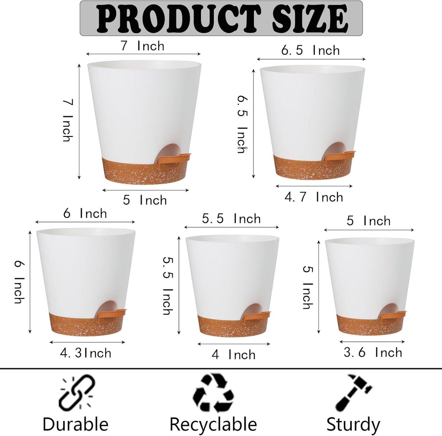 Plant Pots Outdoor Self Watering Pots, Flower Pots with Drainage Hole and Reservoir White Plastic Planters for Indoor Plants Home Decorations Gift Idea 5Pack