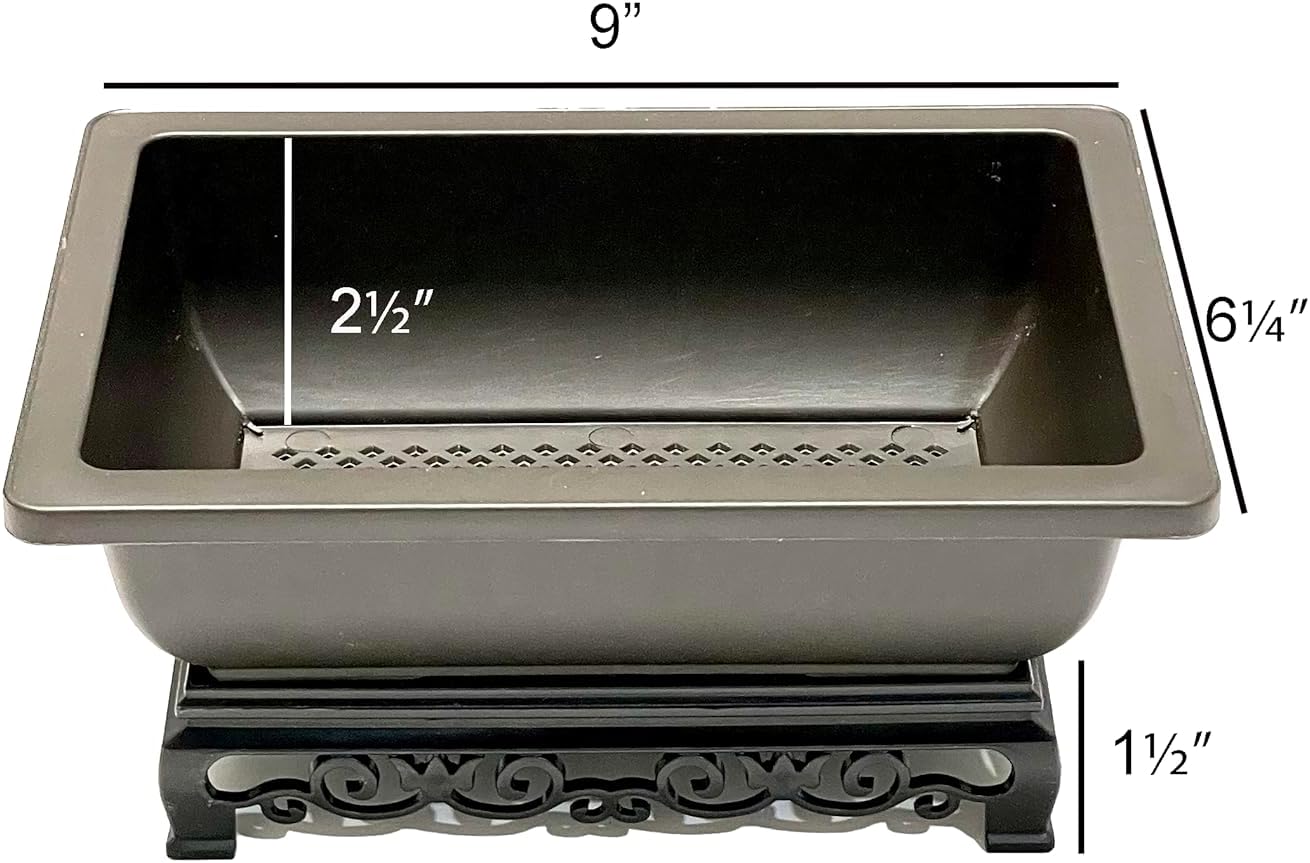 Bonsai Pot - 2-Pack 9 Inch Training Pot With Elegant Stand - Antique Brown Pots With Mesh Drainage - Luxurious Indoor Tree Pots Made With Recycled Plastic