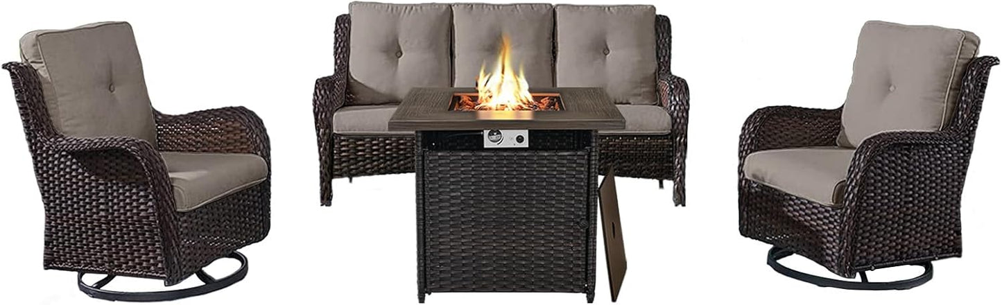 Outdoor Patio Furniture Set with 50000BTU Propane Fire Pit Table, 4 Pieces Wicker Patio Conversation Set with 2 Swivel Rocker Glider Chairs Rattan Sofa Grey Cushion Perfect for Gathering