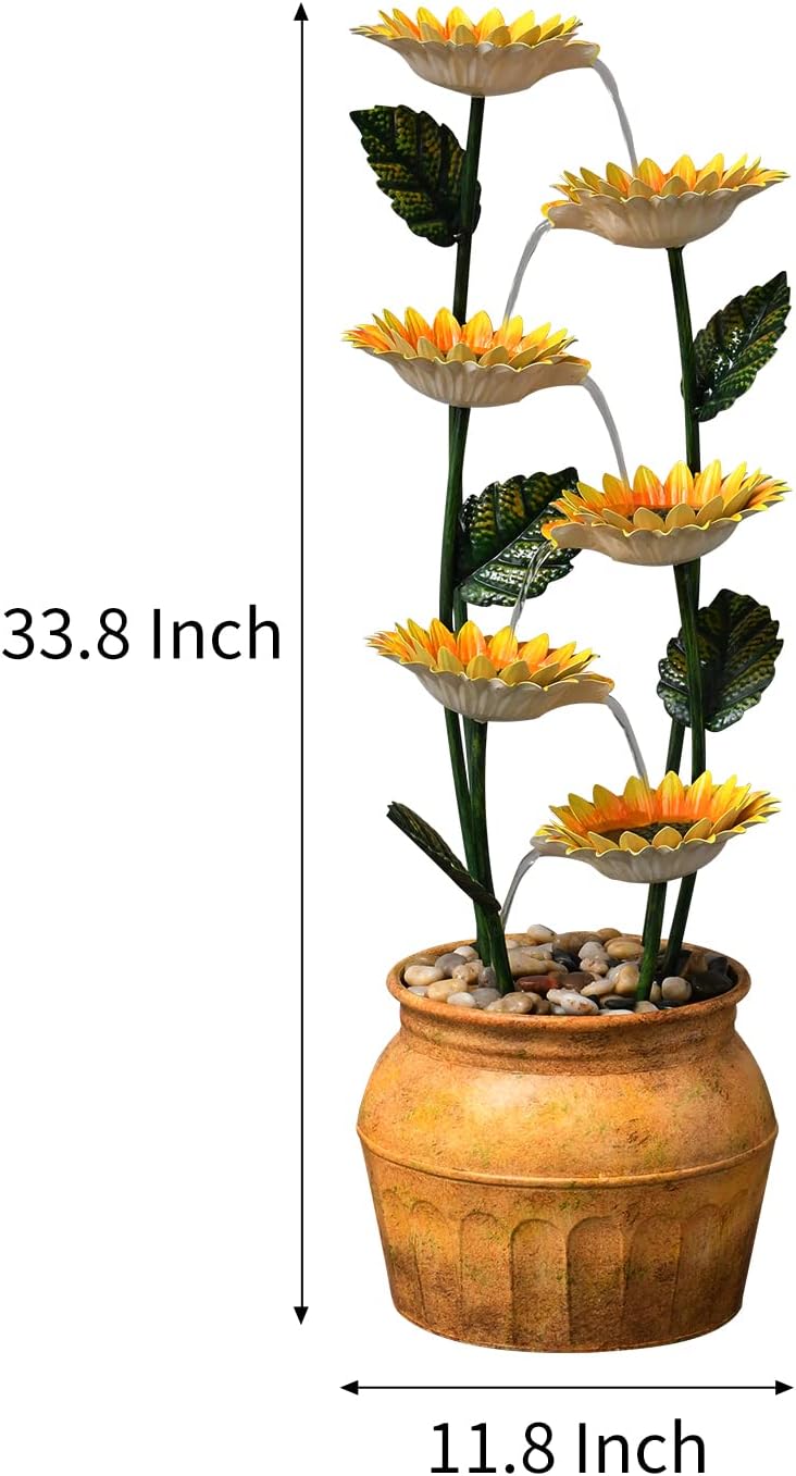 Outdoor Fountains and Waterfalls Cascading Sunflower Fountain 6-Tiers Indoor Outdoor Freestanding Water Fountain Garden Patio Backyard Porch Balcony Home Living Room Office Décor, 33.8 Inch Tall