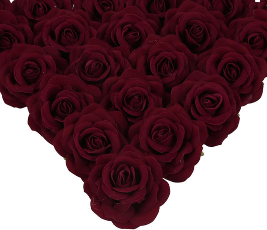 25PCS Faux Rose Flower Head Burgundy Velvet Rose Flowers Fake Flower Heads for DIY Wedding Home Party Baby Shower Decor(Burgundy)