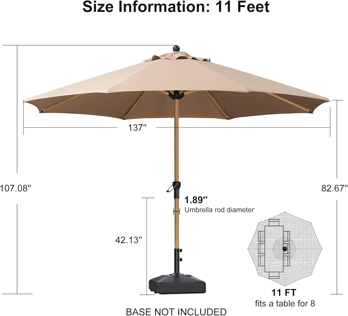 PURPLE LEAF 11 Feet Patio Umbrella Outdoor Table Umbrella Round Aluminum Market Umbrella with 8 Sturdy Ribs & Crank Commercial Outdoor Umbrellas for Garden Deck Patio, Taupe