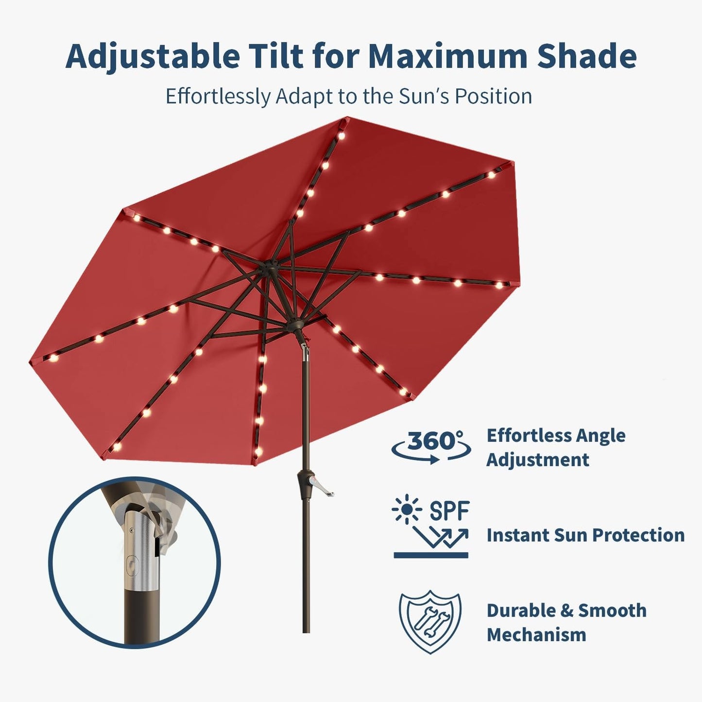 10FT Solar Umbrella 32 LED Lighted Patio Umbrella Table Market Umbrella w/Tilt and Crank, UV-Resistant Outdoor Umbrella for Pool, Garden, Deck, Red