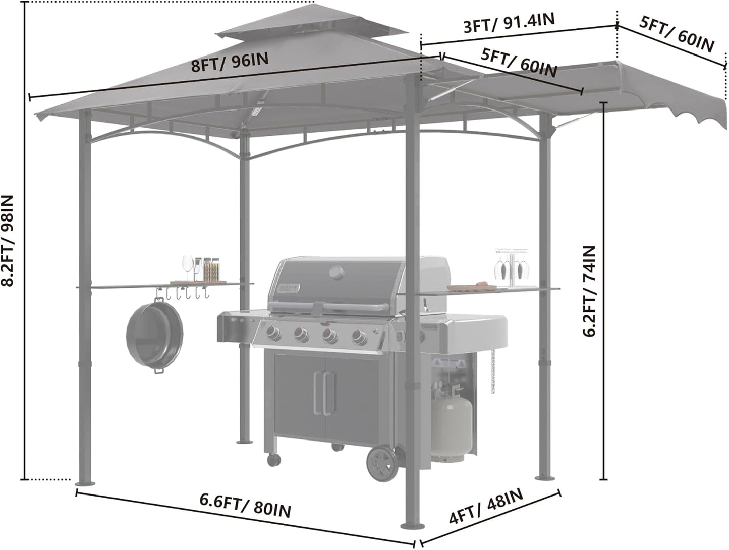 MASTERCANOPY 11 x 5 Grill Gazebo with Extra Side Awning Outdoor BBQ Gazebo with 2 LED Lights for Patio Party Backyard Picnic(Dark Gray)