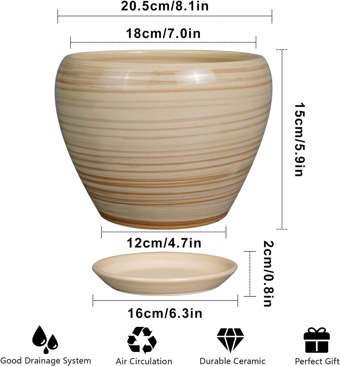 Planter 8 Inch - Indoor/Outdoor Ceramic Plant Pot With Drainage Hole and Saucer, Round Modern Flower Planter for Succulents, House, Patio - Yellow