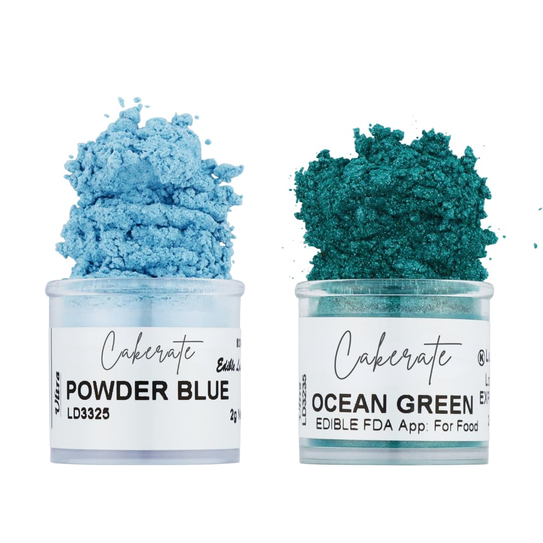 Ocean Green & Powder Blue Luster Dust for Baking (2 Pack) – Edible Glitter for Cake Decorating, Fondant, Cupcakes, Drinks & Desserts – Kosher, Vegan, Food-Safe Luster Dust - 2 grams, Highly Concentrated