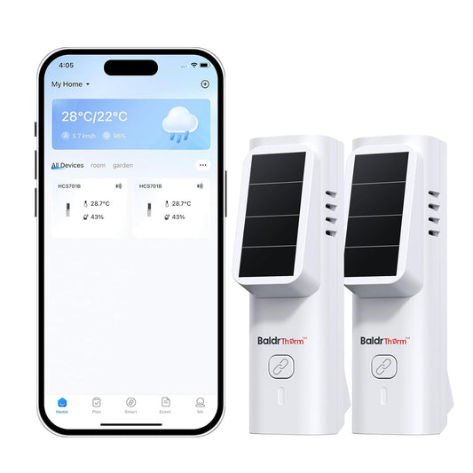 Solar Bluetooth Temperature & Humidity Monitor, Wireless Thermometer with Date Storage, Real-Time Alerts, 262 Feet Connecting Range, Apply for Room Greenhouse, Pet Cages, 2pack
