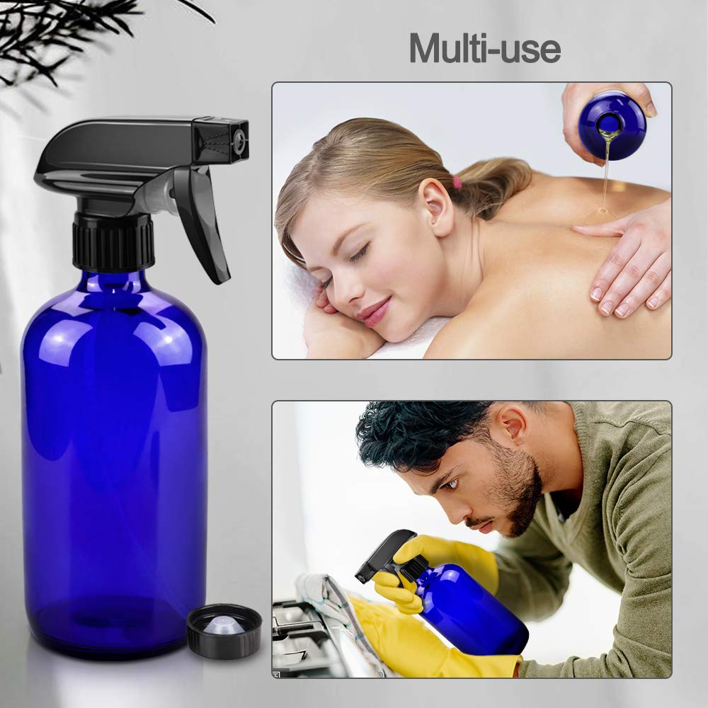 Glass Spray Bottles, 16oz Refillable Containers, Empty Boston Round Bottles with Labels & Adjustable Nozzle for Cleaning, Gardening, Aromatherapy, Pets, Plant, Hair -Blue (2 Pack)