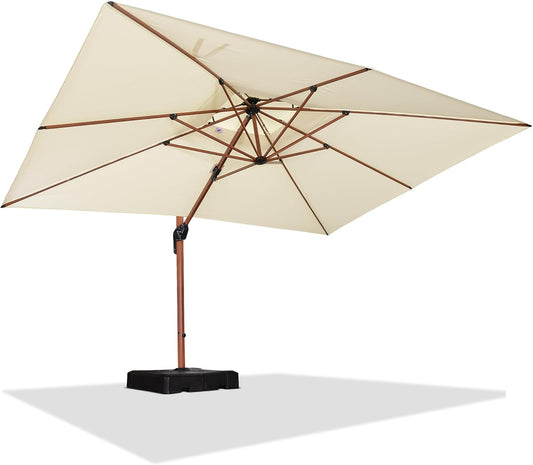 PURPLE LEAF 10' X 13' Double Top Deluxe Wood Pattern Rectangle Patio Umbrella Offset Hanging Umbrella Outdoor Market Umbrella Garden Umbrella, Cream