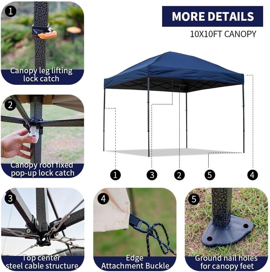 10x10 Pop Up Canopy Tent with 2 Sidewalls, Waterproof Shade Canopy with Sand Bags Outdoor Canopy Tent for Camping Beach Parties Backyard (Navy Blue)