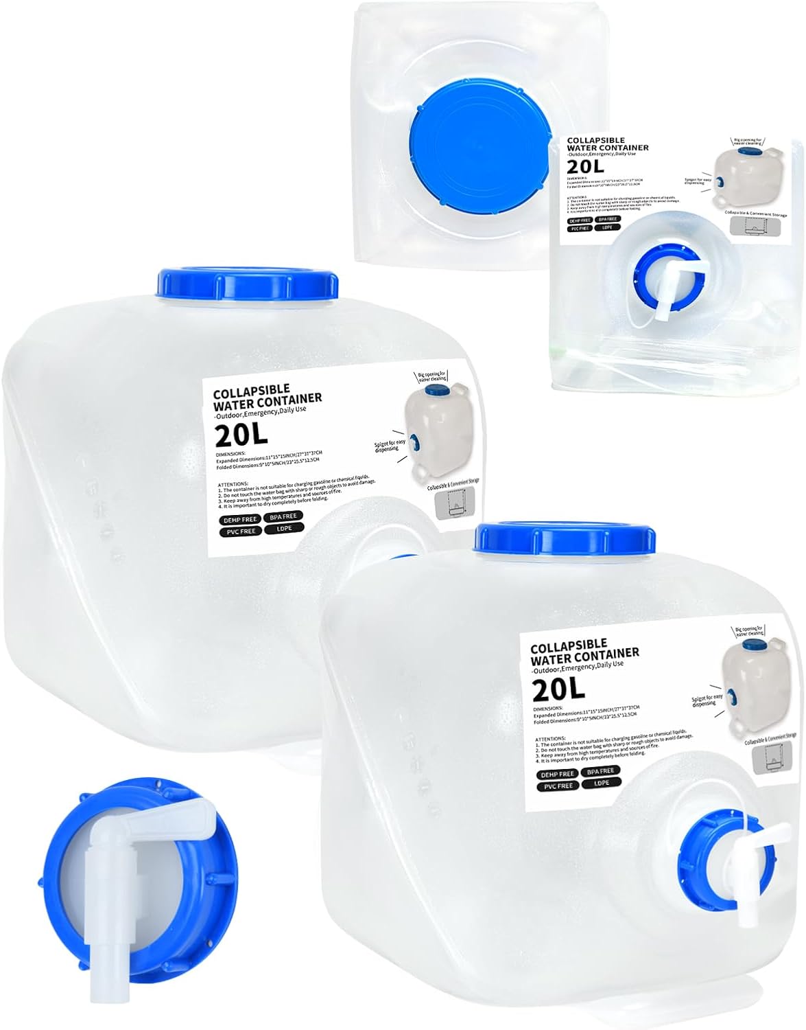 2 Pack 5.3 Gallon Collapsible Water Container Camping Water Container with Spigot,Portable Collapsible Water Jug Water Storage Containers for Outdoors Traveling Emergency,1 Extra Spigot Provided