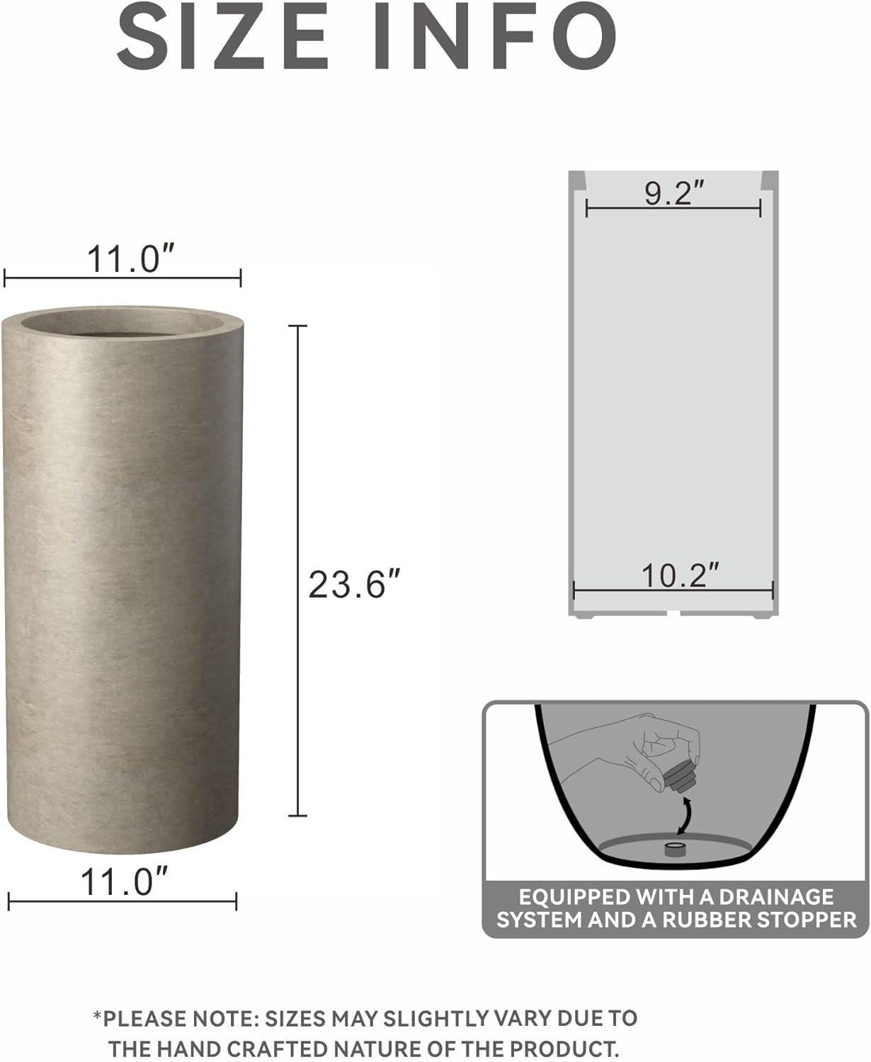 Kante 23.6 Inch Tall Cylindrical Planter, Large Round Plant Pots with Drainage Hole, Made with Concrete, Suitable for Indoor Outdoor Plants, Home Decor, Weathered Concrete