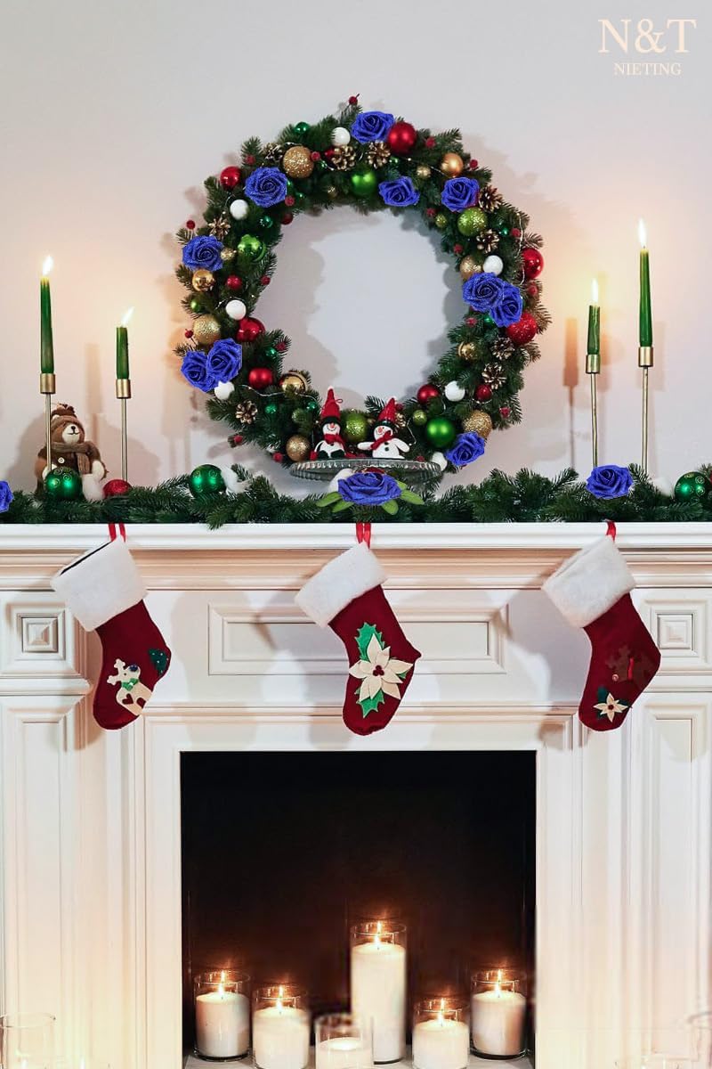 N&T NIETING Artificial Flowers Glowing Navy Blue Flowers Foam 50pcs Glitter Roses Real Looking Fake Roses with Stem for DIY Wedding Bouquets Centerpieces Bridal Shower Party Home Decorations