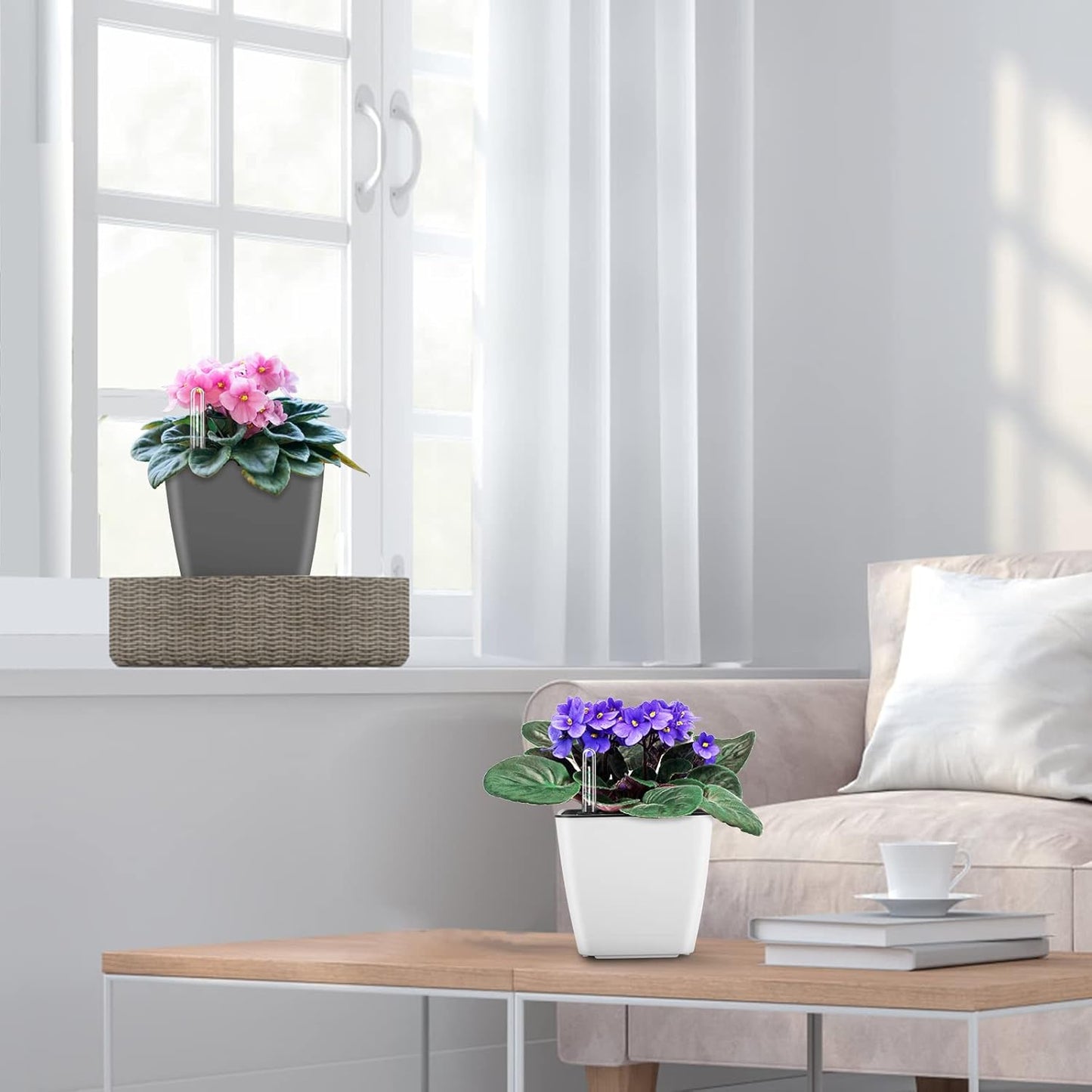 Self Watering Planters for Indoor Plants : 5 inch 6 Pack Grey Planter with Water Level Indicator African Violet Self Watering Flower Pot for Herb Pot House Plant Planting