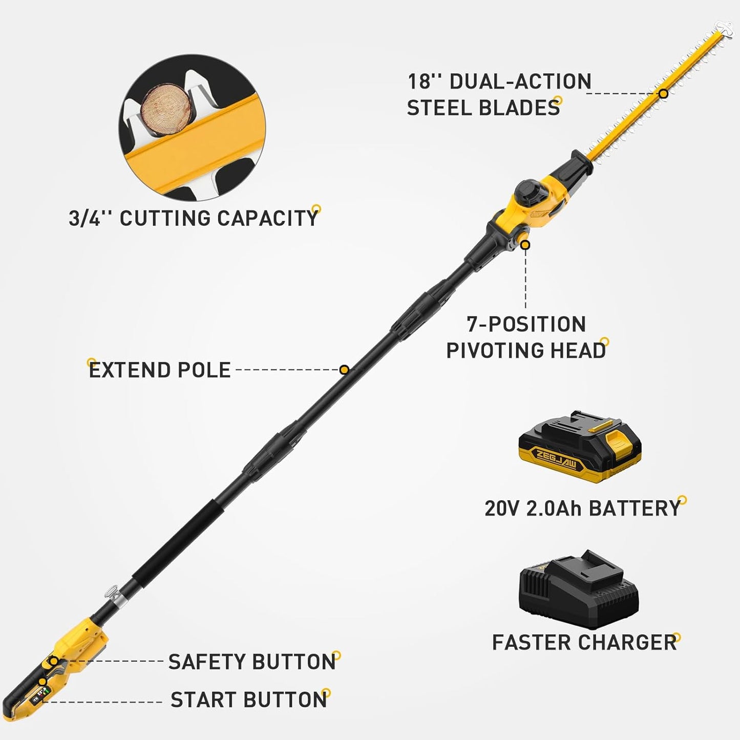 Pole Hedge Trimmer Cordless, 9-Feet Reach Power Hedge Trimmer with Extension Pole, MAX 20-inch, Multi-Angle, 2.0Ah Battery and Fast Charger Included (One Battery Pack)