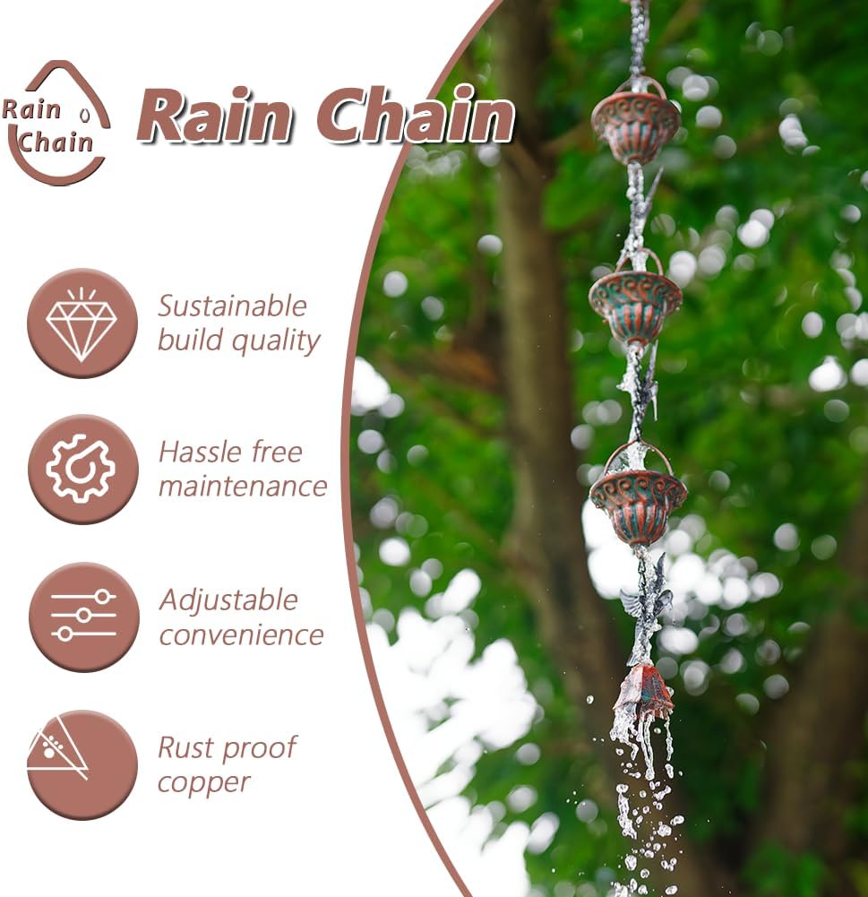 Rain Chain for Gutters, 8.7 Ft Rain Chains with 12 Cups & Detachable Hummingbird Decor, Adjustable Rain Catcher Chain with Bell for Eaves Drainage, Replacement for Downspout