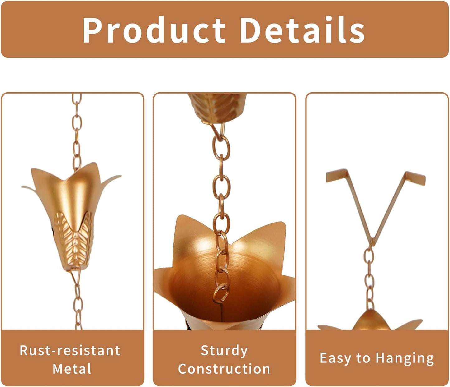 Topadorn Rain Chain Iron Gutter Chains with 12 Rain Collector Thick Iron Flower Cups Garden Decoration, 8.5 FT Rain Chain for Outdoor Ornament, Replacement for Downspout