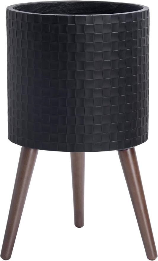 D'vine Dev 12 Inch Modern Geometric Tile Patterned Sleek Planter Pot with Stand, Indoor Outdoor Decorative Plant Holder, Matte Black, 88-Z-C-2