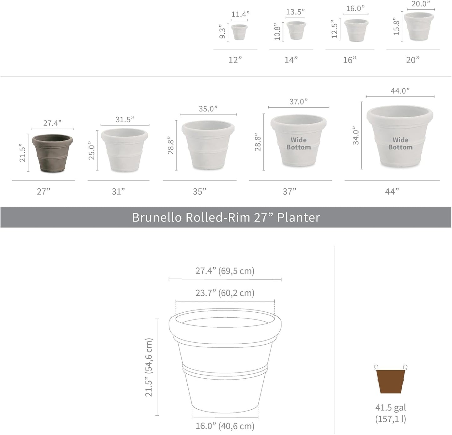 Crescent Garden Brunello Classic Rolled Rim Planter Pot, Indoor/Outdoor Weather-Safe Round Plant Pot, 27'' (Weathered Concrete)