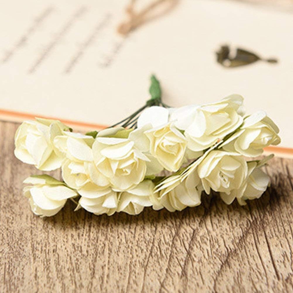 Mini Fake Rose Flower Heads 144pcs Mini Artificial Mulberry Paper Roses Flower with Wire Stem DIY Wedding Flowers Accessories Make Bridal Hair Clips Headbands Dress (Cream)