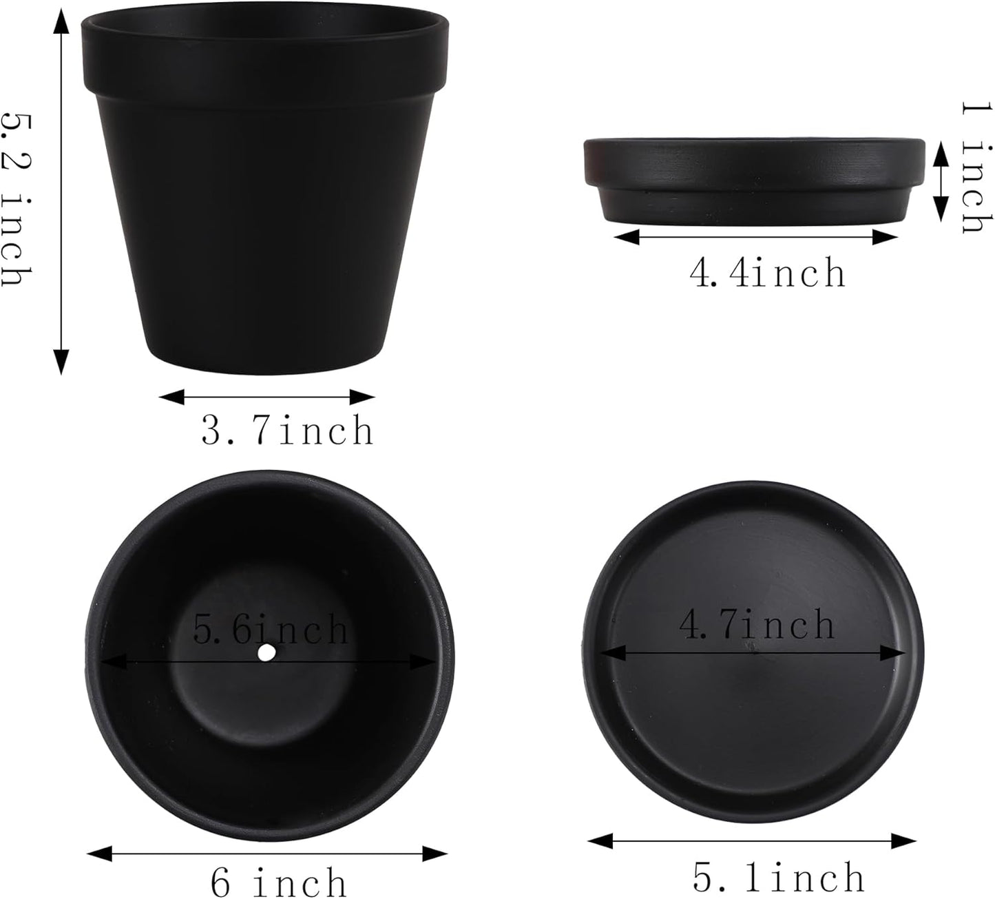 Yishang Large Terra Cotta Pots with Saucer-4 Pack Large 6'' Terra Cotta Plant Pot with Drainage Hole, Flower Pot with Tray, Terracotta Pot for Indoor Outdoor Plant(Black)