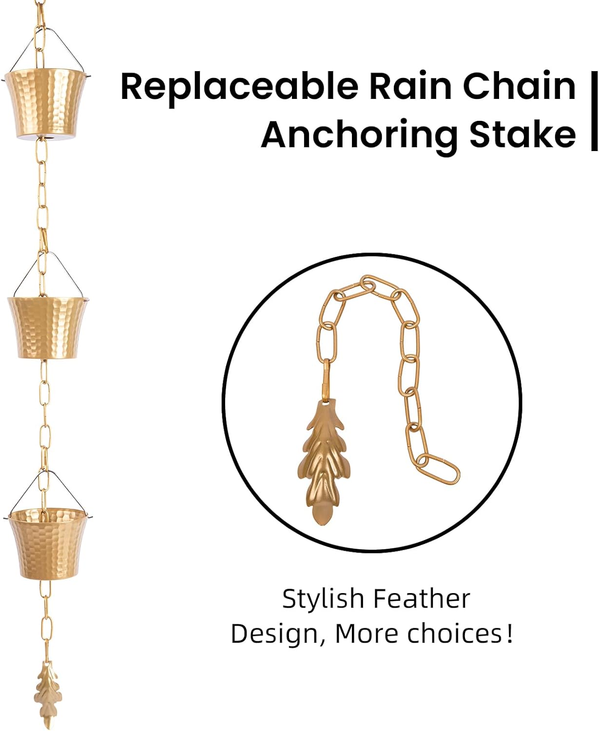 Rain Chain for Outside with Adapter,Wrought Iron Rain Chains Set 8.5 Ft,Not Rust, Gotta Drain with Metals Anchoring Stake, 14 Cups, 1 Hook, Adjustable Gutter Downspout for Outdoor(Gold)