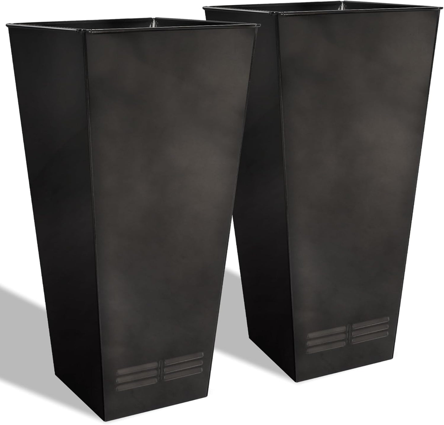 Worth Garden 28" H. Large Metal Glazed Planter Set of 2, Modern Glossy Finish Black Tall Square Tapered Steel Flower Plant Pots for Indoor & Outdoor Use - Insert Plate with Drain Holes, Air Vents