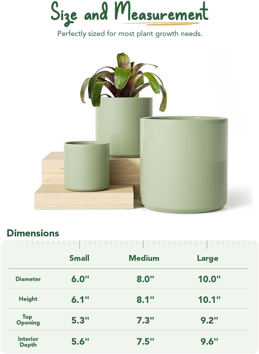 LE TAUCI Ceramic Plant Pots Indoor, 10+8+6 Inch Planters for Indoor Plants, Mid-Century Modern Pots with Drainage Hole and Plug, Cylinder Round Planters, Set of 3, Sage Green