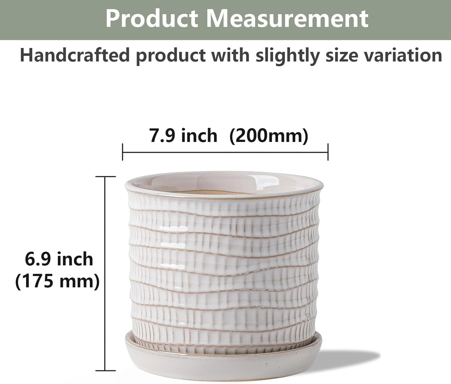 8 Inch Plant Pot: Ceramic Planter with Drainage Hole & Saucer - Cream White Flowerpot for Indoor & Outdoor Plants - with Separate Tray for Home & Office - Wave Embossed Design