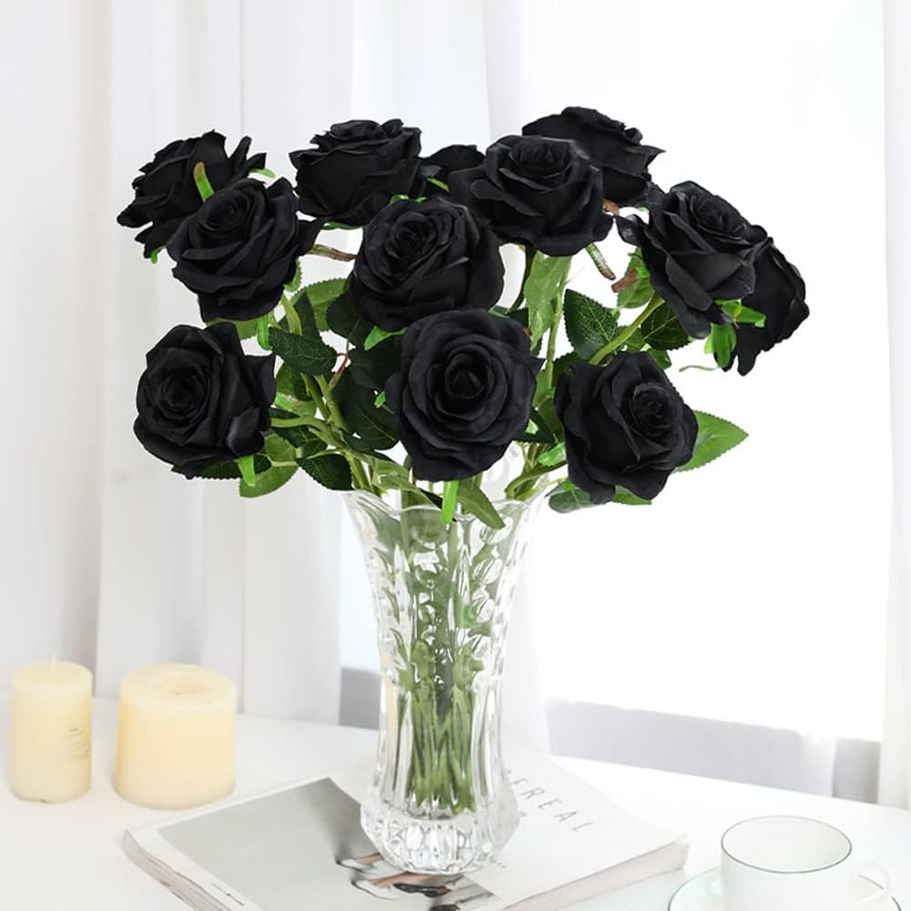 Hawesome 12PCS Artificial Silk Flowers Realistic Roses Bouquet Long Stem for Home Wedding Decoration Party (12PCS-Black)