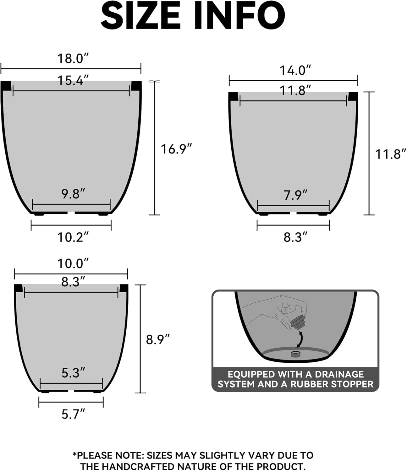 Kante 18",14",10" Dia Concrete Round Planters (Set of 3), Outdoor Indoor Large Planter Pots with Drainage Hole and Rubber Plug for Home Patio Garden, Rusty
