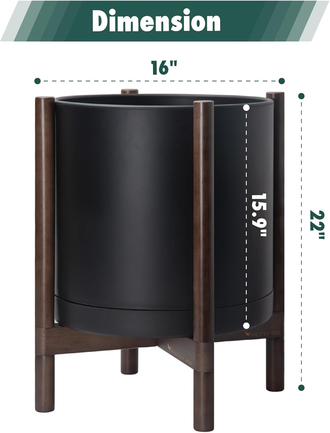 D'vine Dev Planter Pot with Stand - 16 Inch Plastic Cylinder Flower Pot with Wood Planter Holder for Indoor, Matte Black Pot + Walnut Color Stand, 55-C-X-2