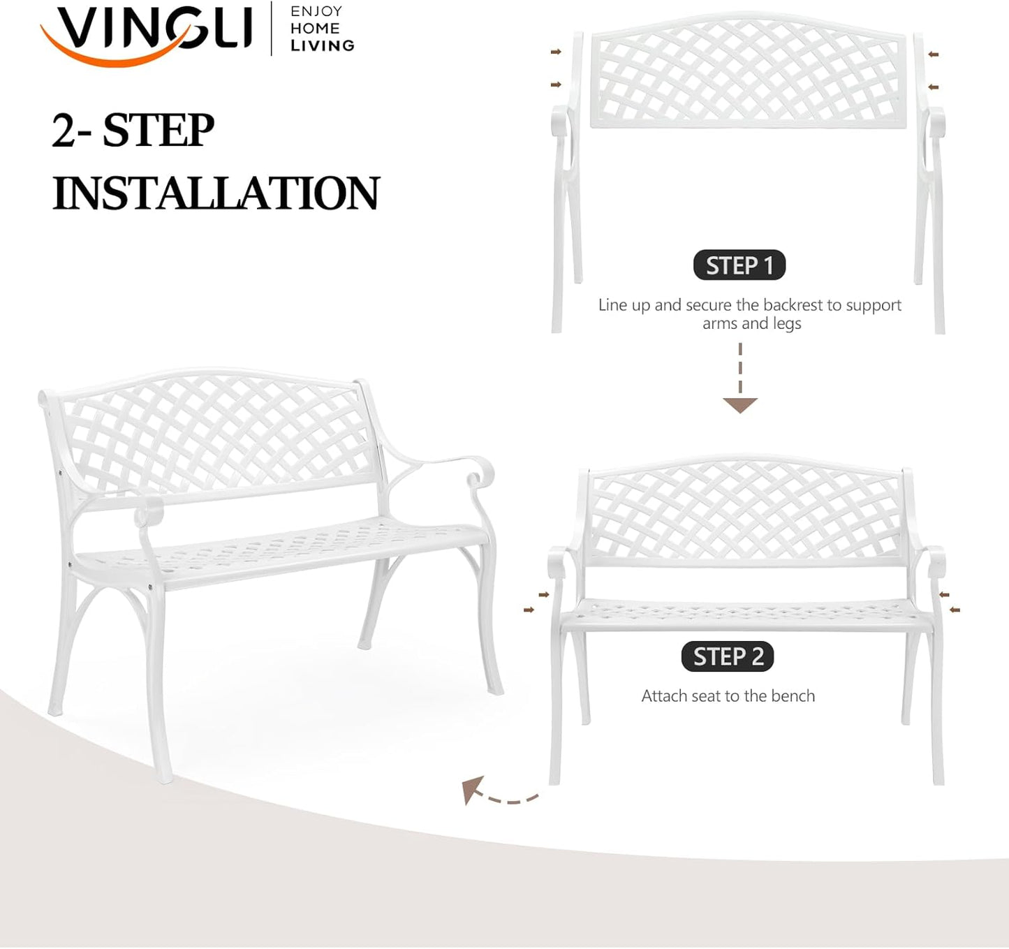 VINGLI 40.5" Patio Garden Bench,Anti- Rust Cast Iron Cast Aluminum Frame for Outdoor Path Yard Lawn Work Entryway Decor Deck (White)