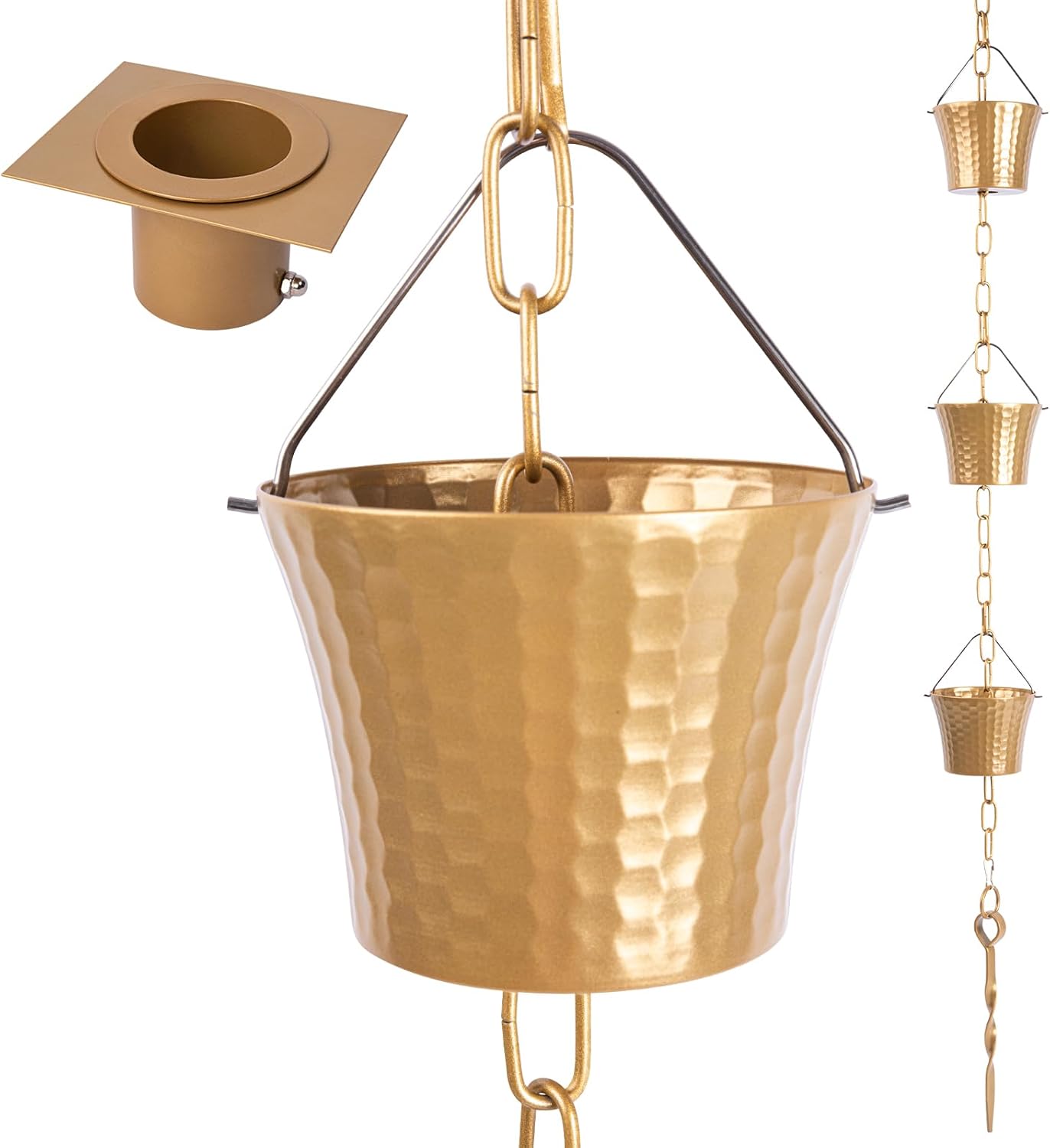 Rain Chain for Outside with Adapter,Wrought Iron Rain Chains Set 8.5 Ft,Not Rust, Gotta Drain with Metals Anchoring Stake, 14 Cups, 1 Hook, Adjustable Gutter Downspout for Outdoor(Gold)