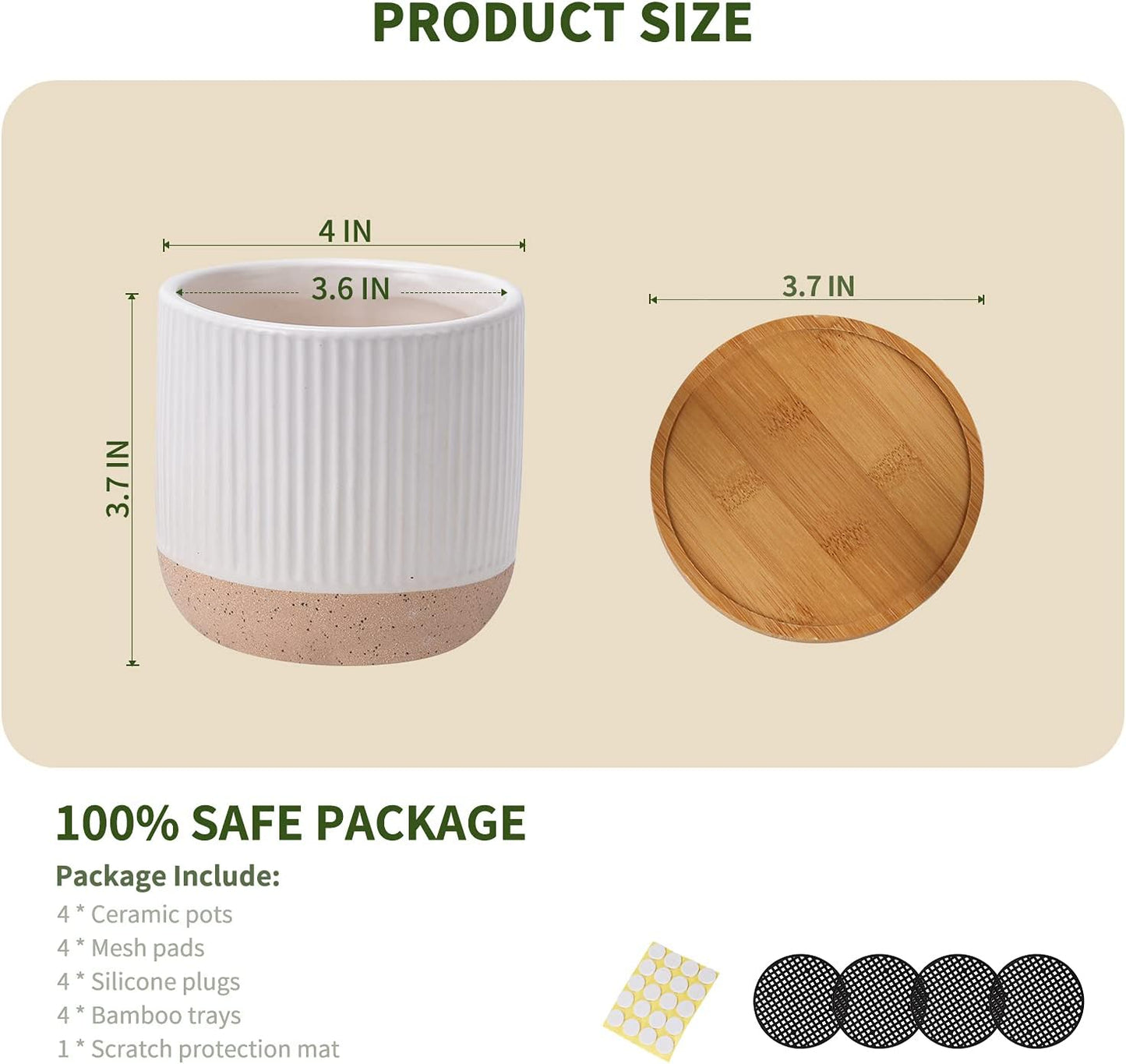 AOMRYOM 4 Inch Small Ceramic Plant Pots with Drainage Hole and Saucer, Modern Flower Planter for Succulent, Indoor Plants, Cactus, Herbs, White, Set of 4 (Plant Not Included)