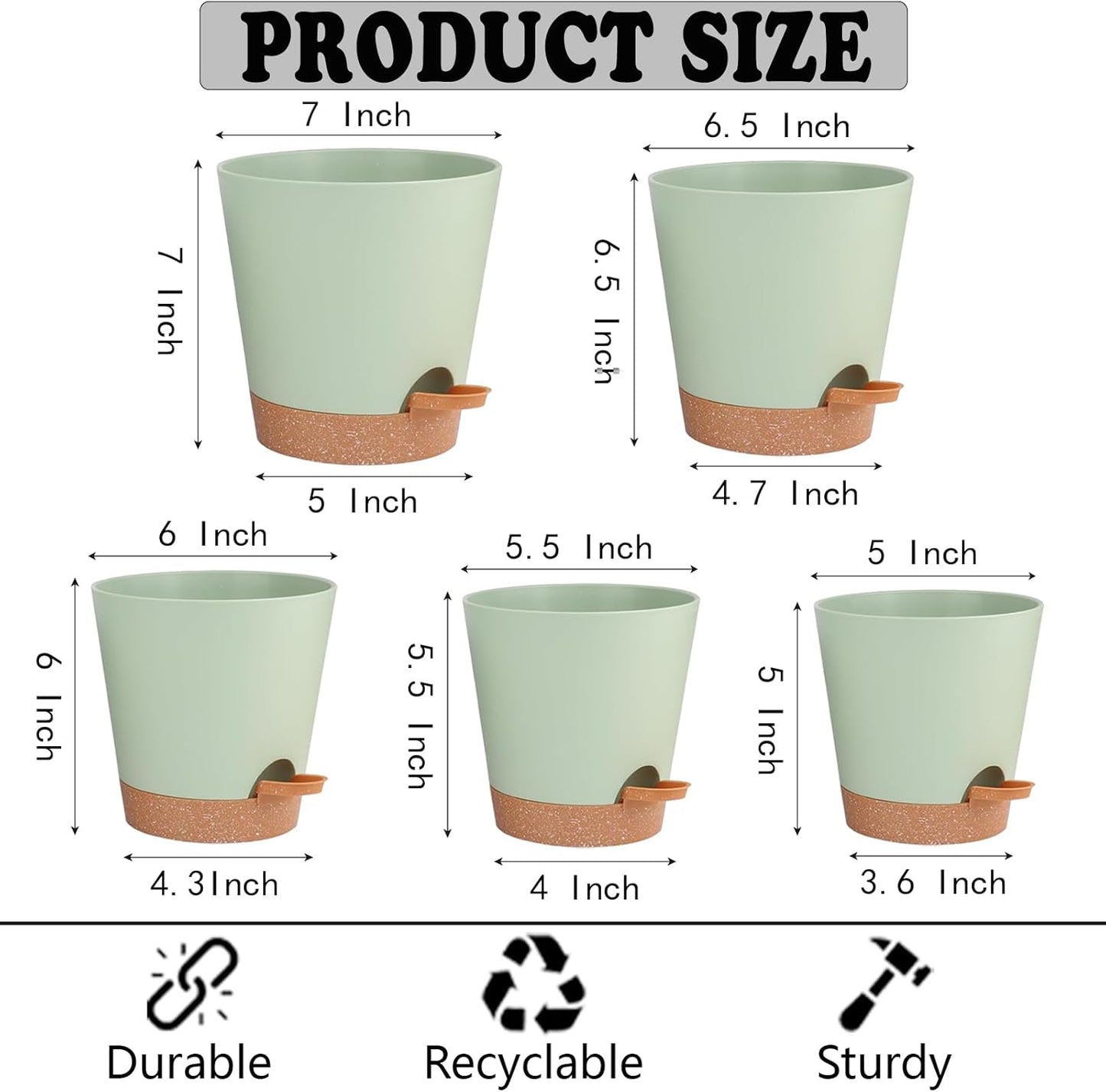 Self Watering Planters for Outdoor Plants 7/6.5/6/5.5/5Inch 5Pack Flower Pot for House Plants Green Indoor Plastic Pots Plant Pots Succulent Pots with Drainage Hole and Deep Reservoir