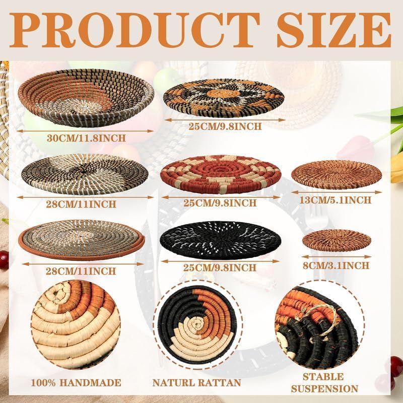 Tatuo 11 Pcs Boho Wall Basket Decor Decorative Bulrush Woven Basket Wall Decor Art Round Farmhouse Hanging Baskets for Kitchen Rustic Home Summer Decorations, Multi Sizes(Classic)