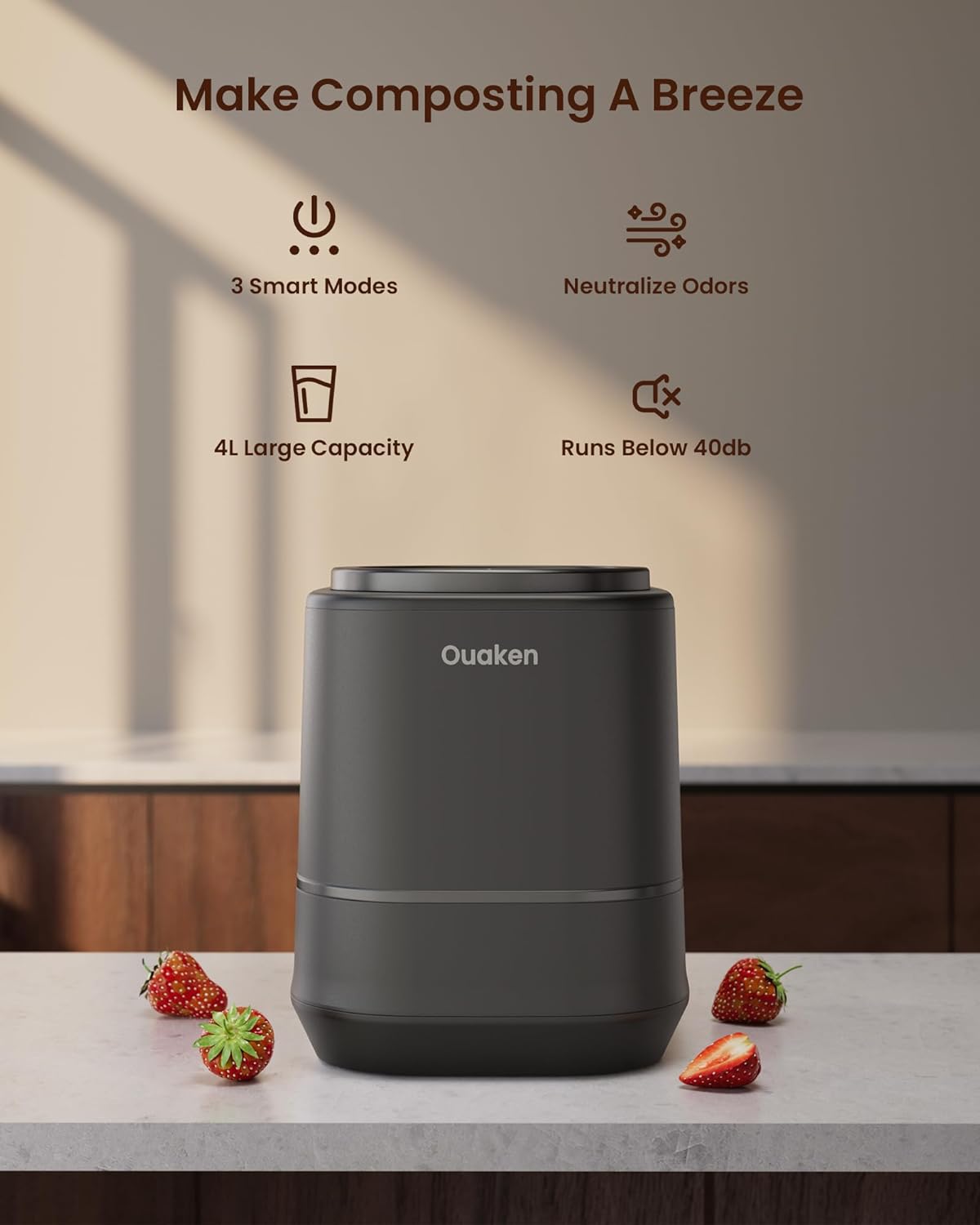 Electric Composter for Kitchen - 4L Countertop Indoor Compost Bin Smart Odorless Turn Kitchen Waste into Fertilizer Compost Maker, Low Noise, Auto-Clean, 2025 Newer Home Food composting Machine Gifts