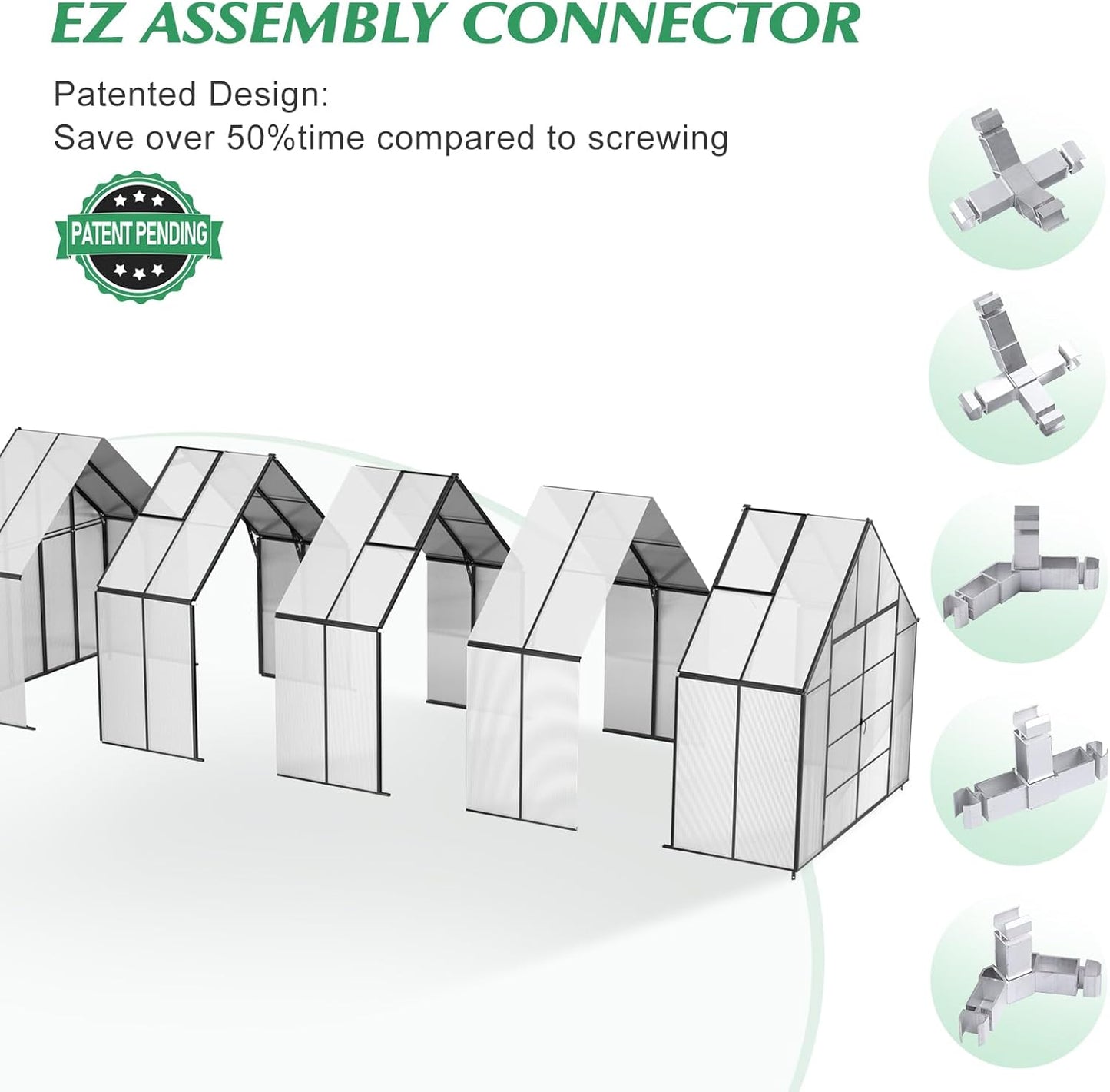 10'x10'x24' Snap-Together Greenhouse - Easy 3-Way Connectors, Heavy-Duty Aluminum Frame, Wind/Snow Resistant for Gardening/Urban Farming, Includes Sliding Door & Ventilation Windows