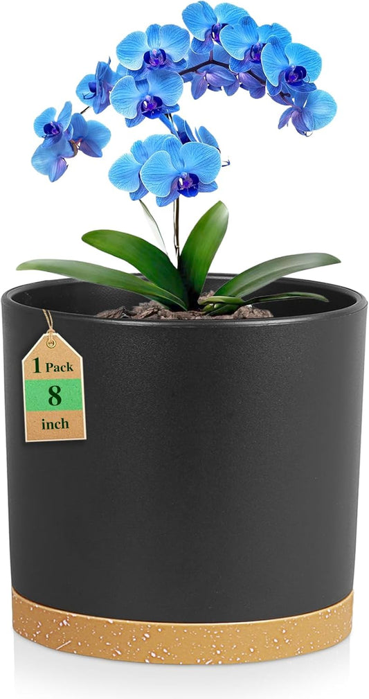 8 Inch Cylinder Plant Pots for Indoor Outdoor Plants, Medium Deep Flower Pots with Drainage Holes & Saucer, Decorative Plastic Planter Pots for Garden House Plants, Black with Brown