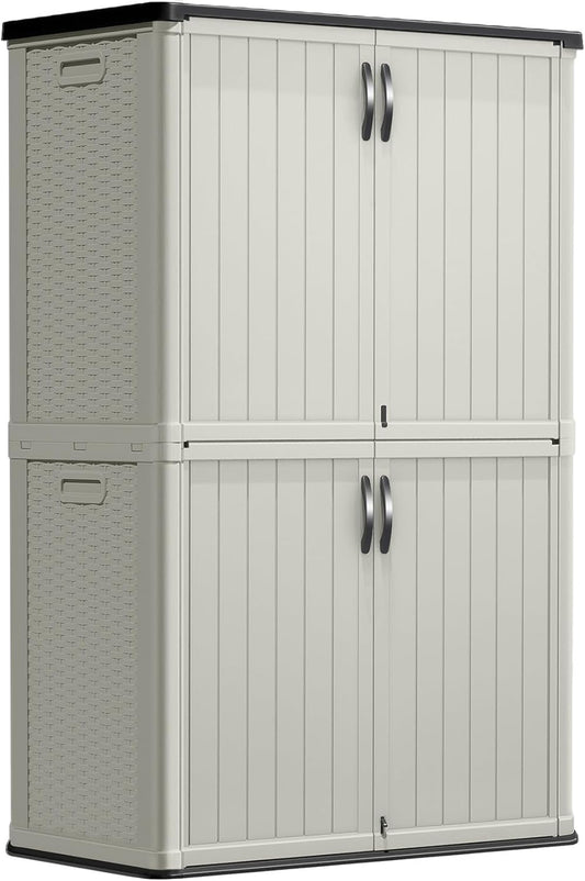 Greesum Outdoor Storage Shed Without Divider, 45 cu.ft Outdoor Waterproof Storage Cabinet for Garden Tools, Pool Storage, Garbage Cans, Beige