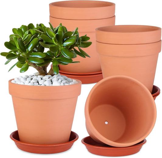 6 Pack 6 Inch Terracotta & Clay Pots with Saucer for Plants, Large Terra Cotta Plant Pot with Drainage Hole, Flowerpot for Indoor Outdoor Plants, Crafts, Wedding Favor