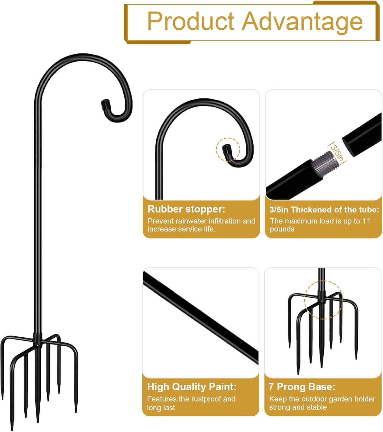 Shepherd Hook 60 Inch Tall Heavy-Duty Metal Garden Hanging Pole Stake for Bird Feeder Pole Plant Baskets, Black (1 Pack).