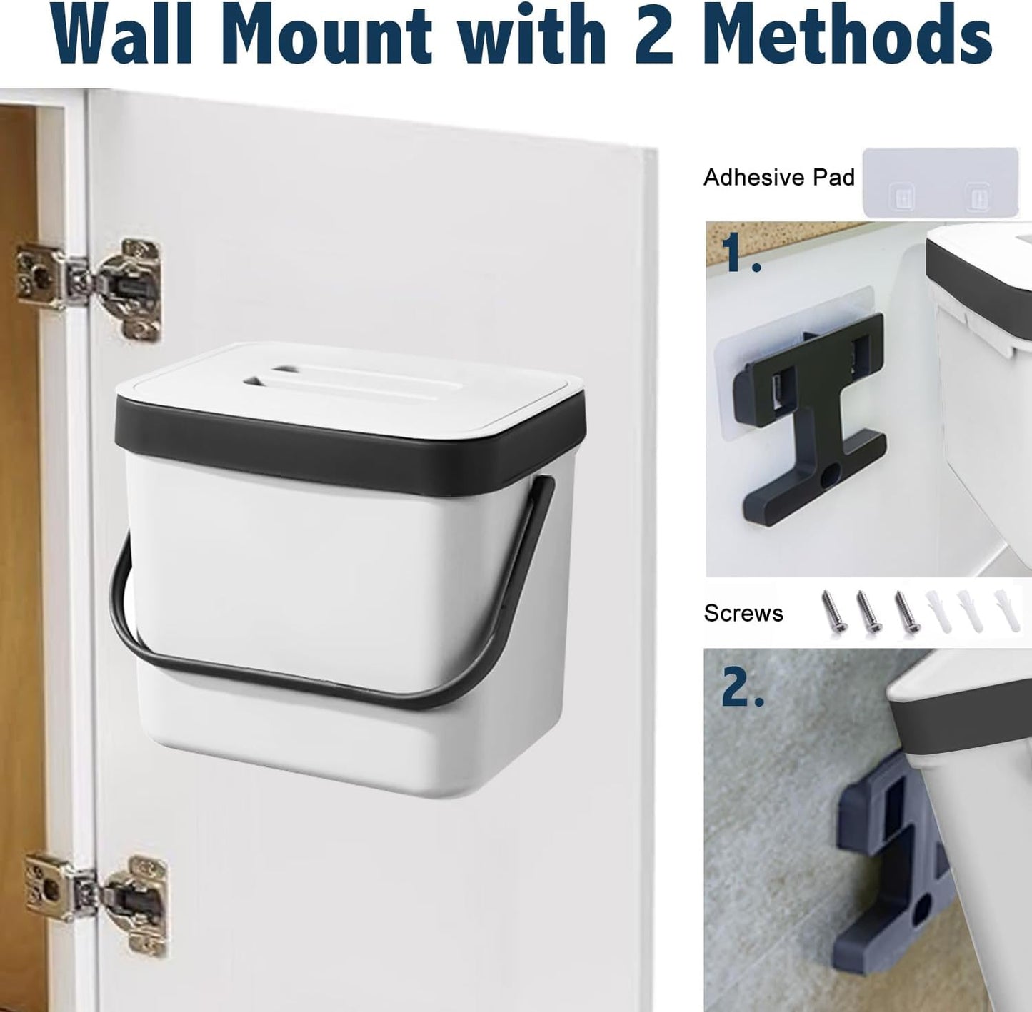 Kitchen Compost Bin Countertop, LALASTAR Hanging Trash Can with Lid for Kitchen Cabinet Door, Wall-Mounted Compost Pail with Colander, 1.8 Gallons, White