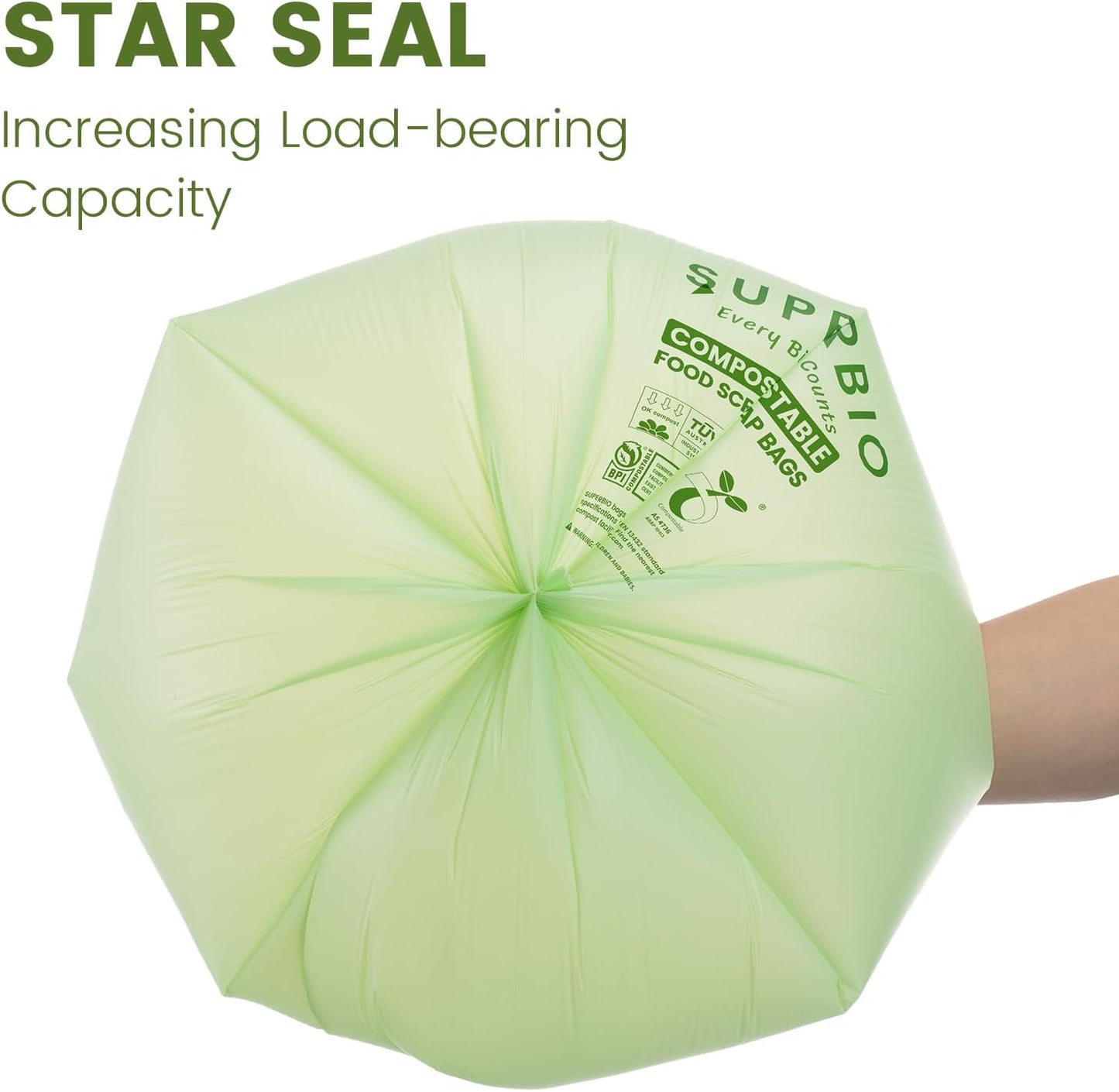 SUPERBIO 13 Gallon Compostable Kitchen Waste Bags with Handles, Food Scrap Bags Certified by BPI, OK compost INDUSTRIAL, 30 Count, 49.2L